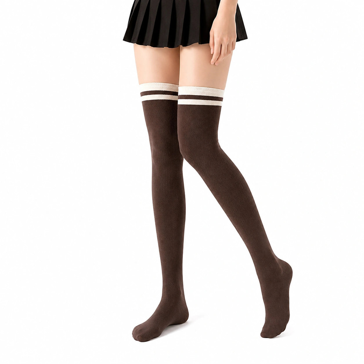Calze autoreggenti 35-38 in maglia marrone e bianco a righe stile college