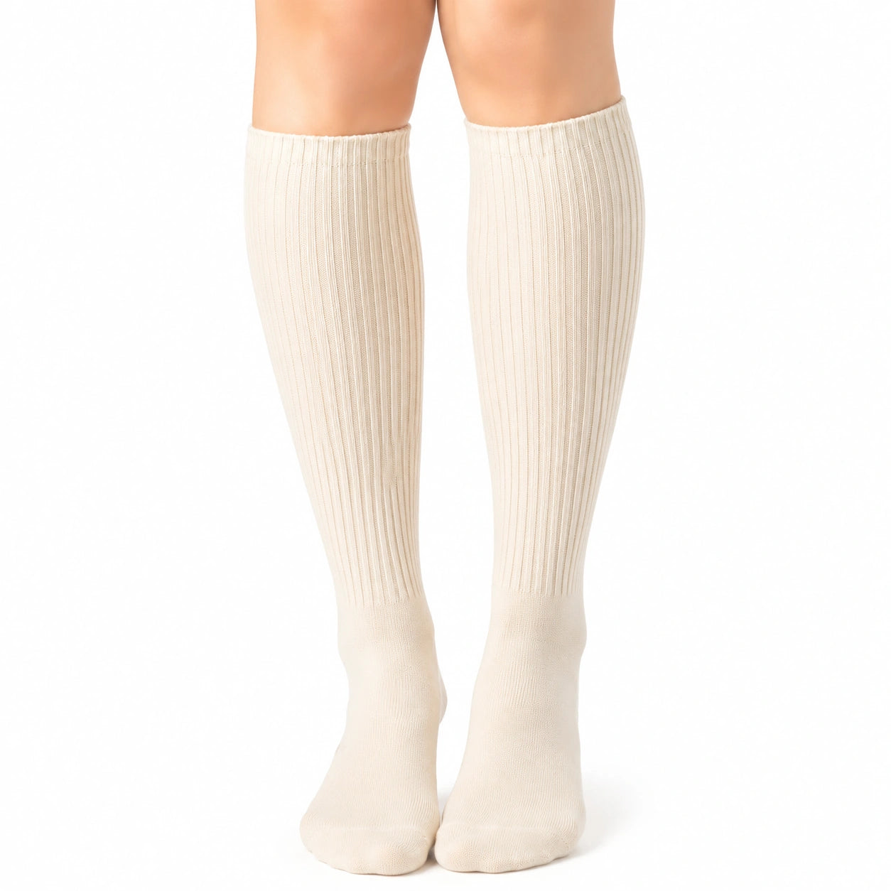 Calze al ginocchio 39-42 a costine color crema in maglia elasticizzata - stile classico